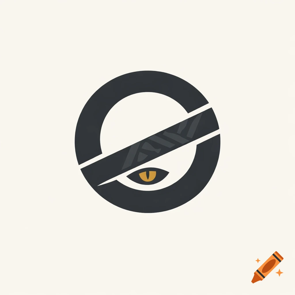 A minimalist abstract logo of a dark grey incomplete circle with a diagonal band and a muted amber serpent eye beneath it.