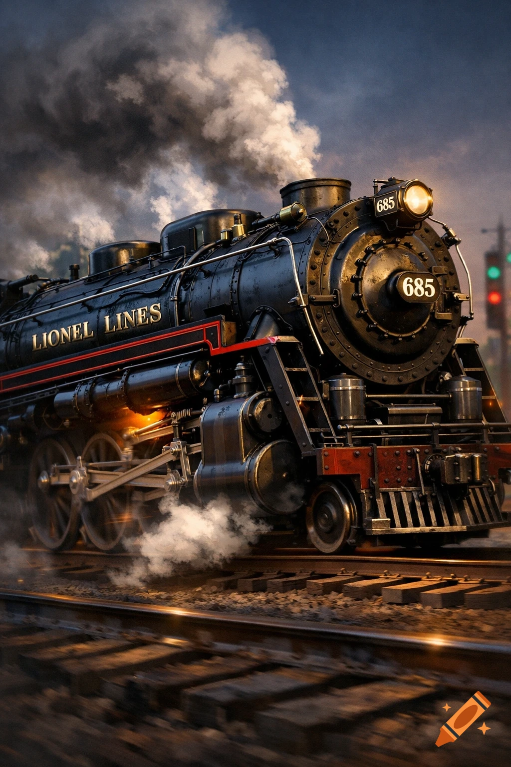 Photorealistic image of a black Lionel Lines No. 685 steam locomotive with a bright headlight, billowing smoke, and a golden glow.