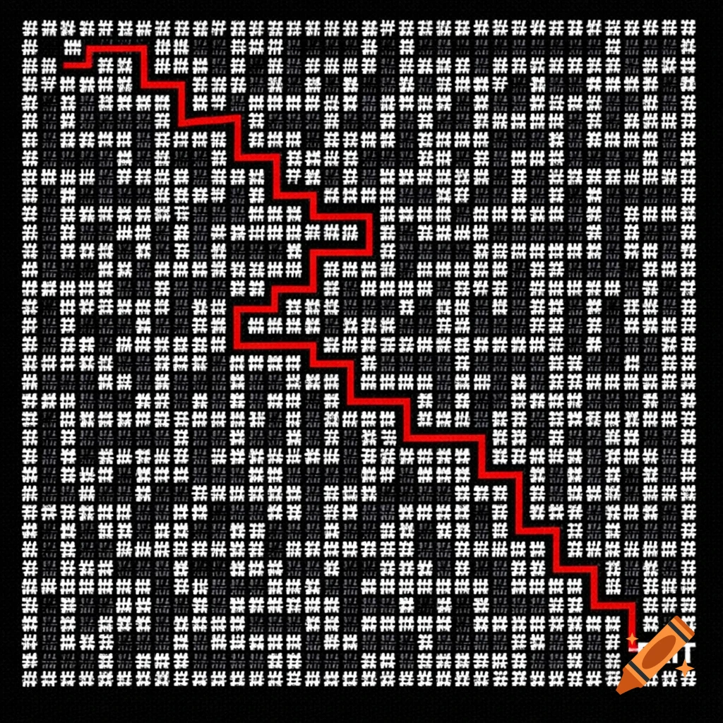 A black and white maze composed of hash characters, with a red line highlighting the solution path to the 'EXIT' text.