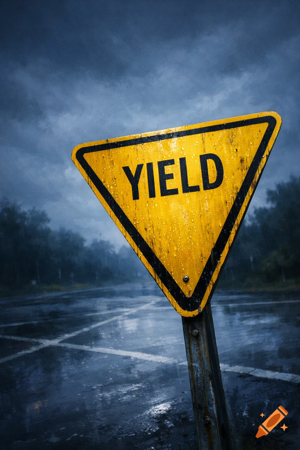 A close-up of a yellow yield sign covered in raindrops on a wet road under a dramatic, cloudy sky.