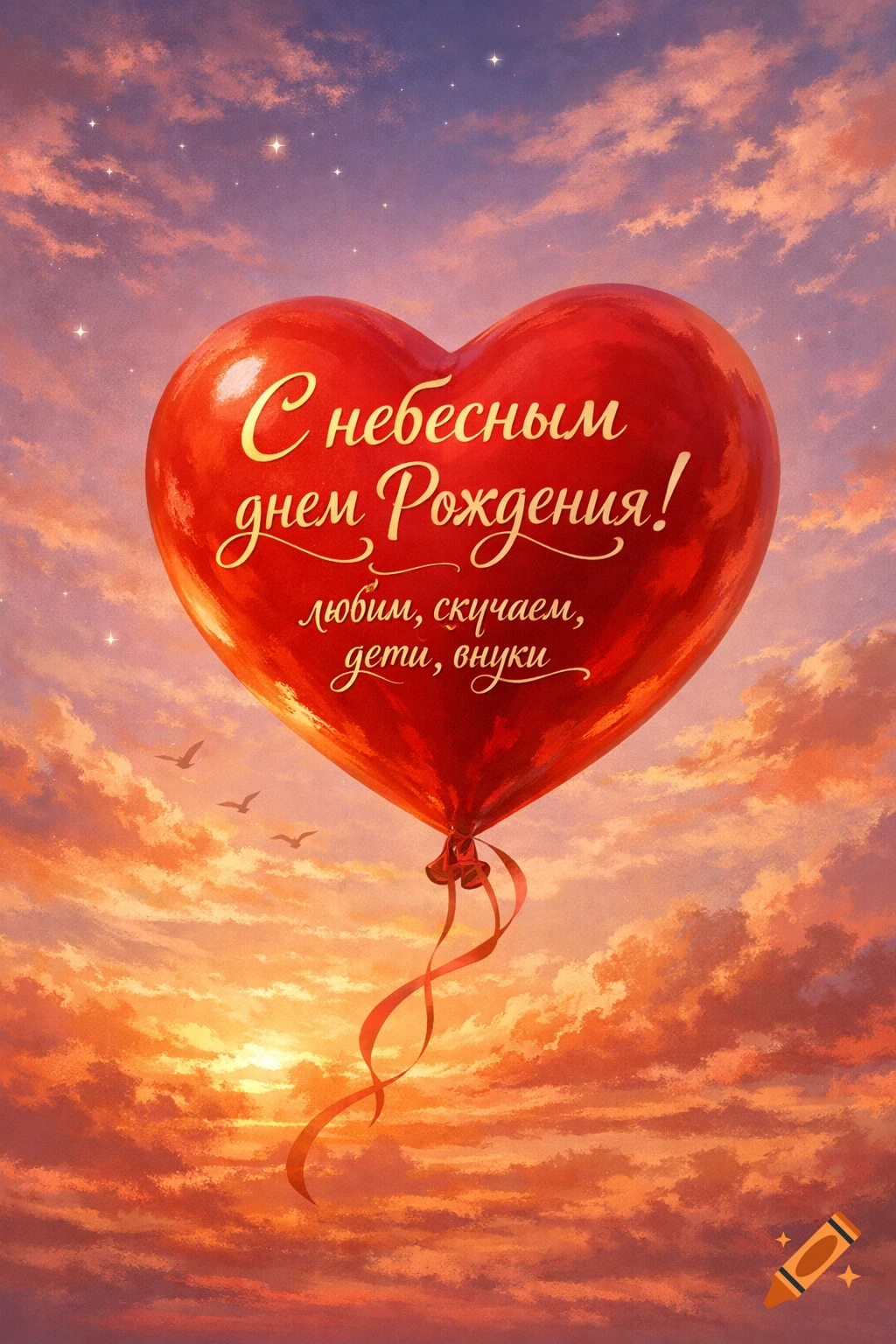 A red heart-shaped balloon with Russian birthday greetings floats in a vibrant sunset sky with clouds and tiny birds, in an illustrative style.