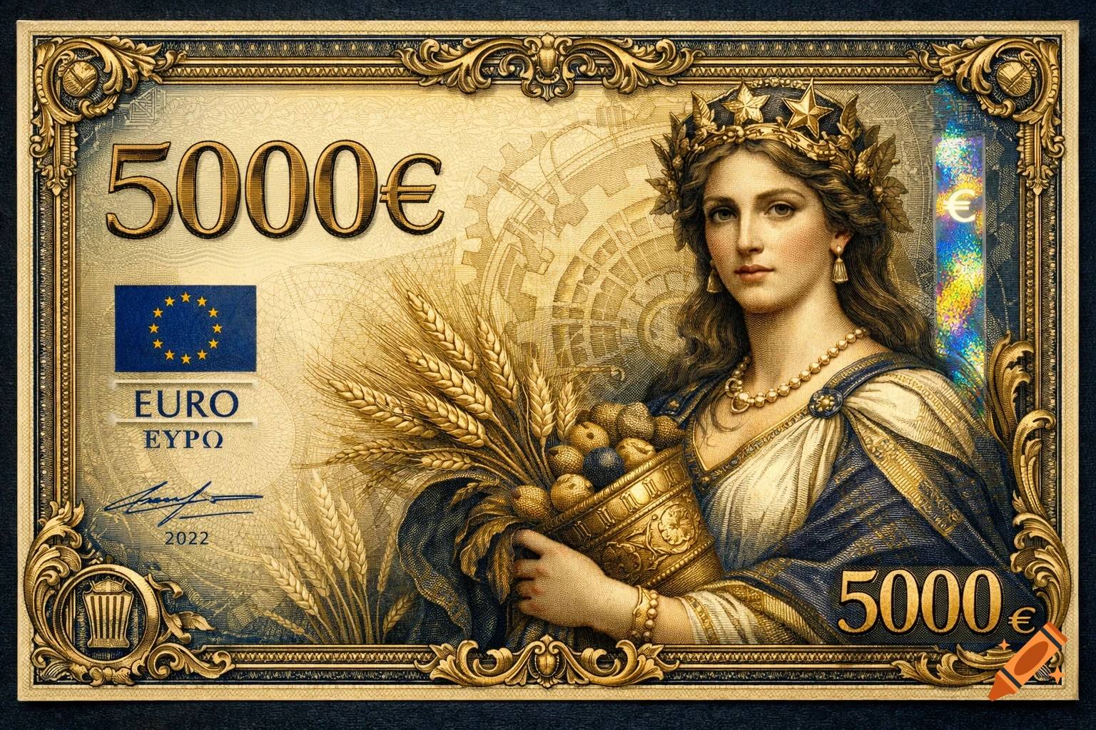 An ornate 5000 Euro banknote featuring a crowned woman holding wheat and fruit, with the EU flag and intricate borders.