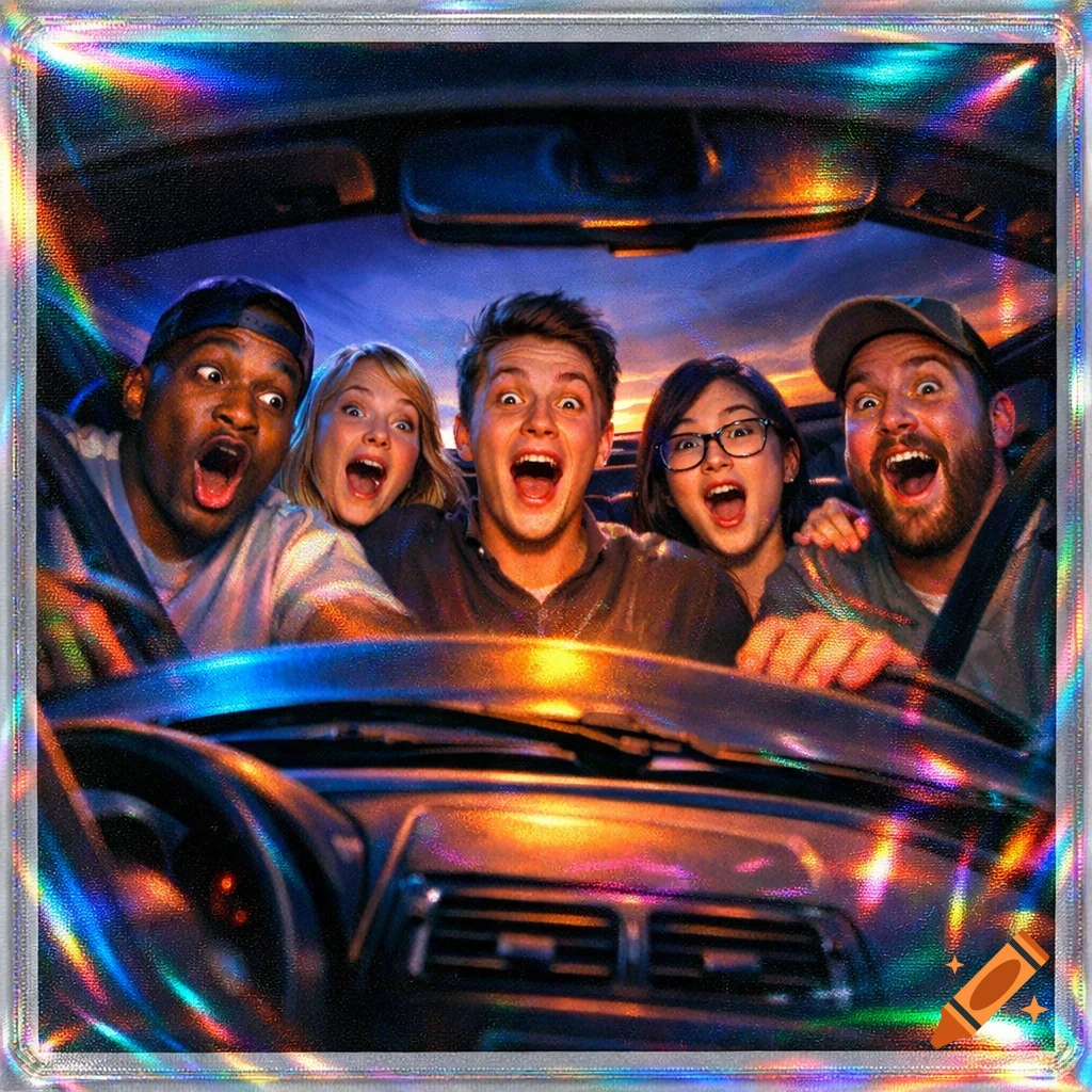 Five excited people with open mouths in a car, viewed from the windshield, with a holographic, rainbow-shimmering border.
