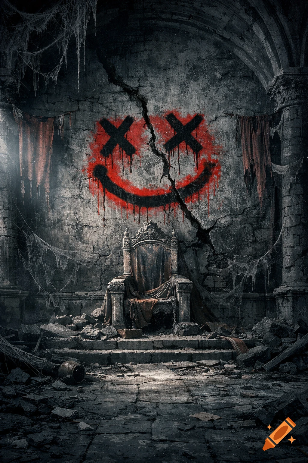A gloomy, ruined medieval throne room with a large red smiley face graffiti with X eyes on a cracked wall above an ornate, empty stone throne.