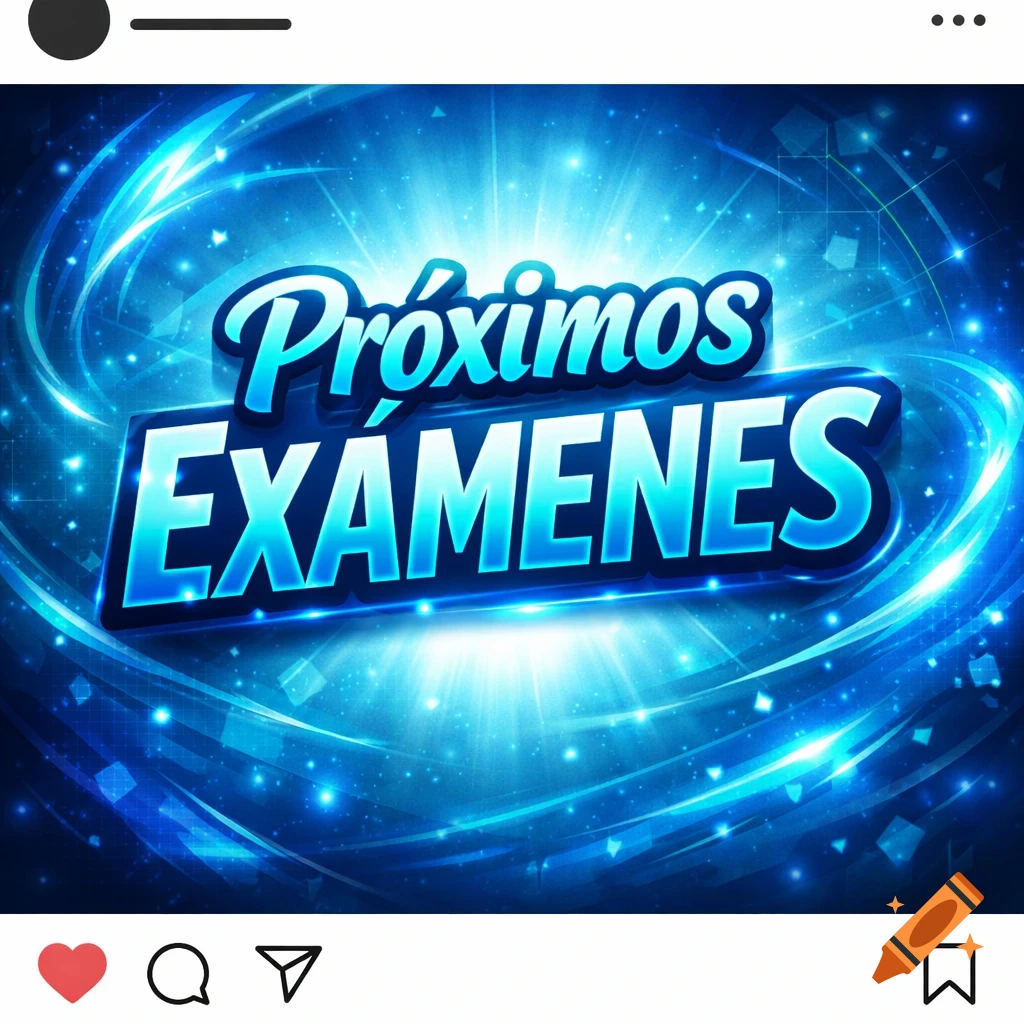 A blue graphic design with bright light and swirling energy, featuring the bold text 'Próximos EXAMENES' (Next Exams).