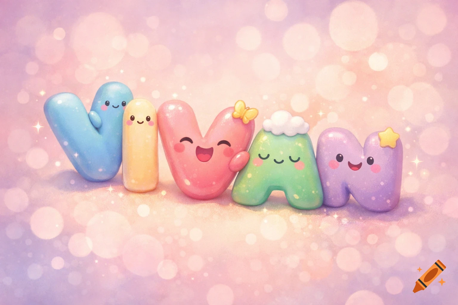 Cute, colorful, cartoonish letters spelling 'VIVAN' against a soft pink and purple bokeh background.