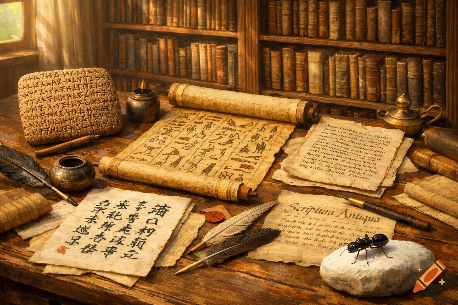 A detailed still life of ancient writing tools and texts on a wooden desk in a sunlit study, featuring a clay tablet, papyrus scroll, and papers with various scripts.