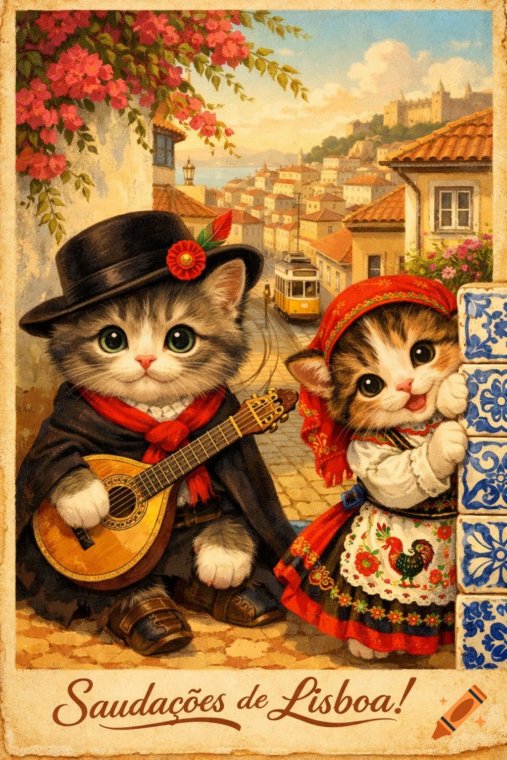 Two cute kittens in traditional Portuguese costumes, one playing a mandolin, the other peeking from behind blue tiles, with a Lisbon cityscape background. Text reads "Saudações de Lisboa!"