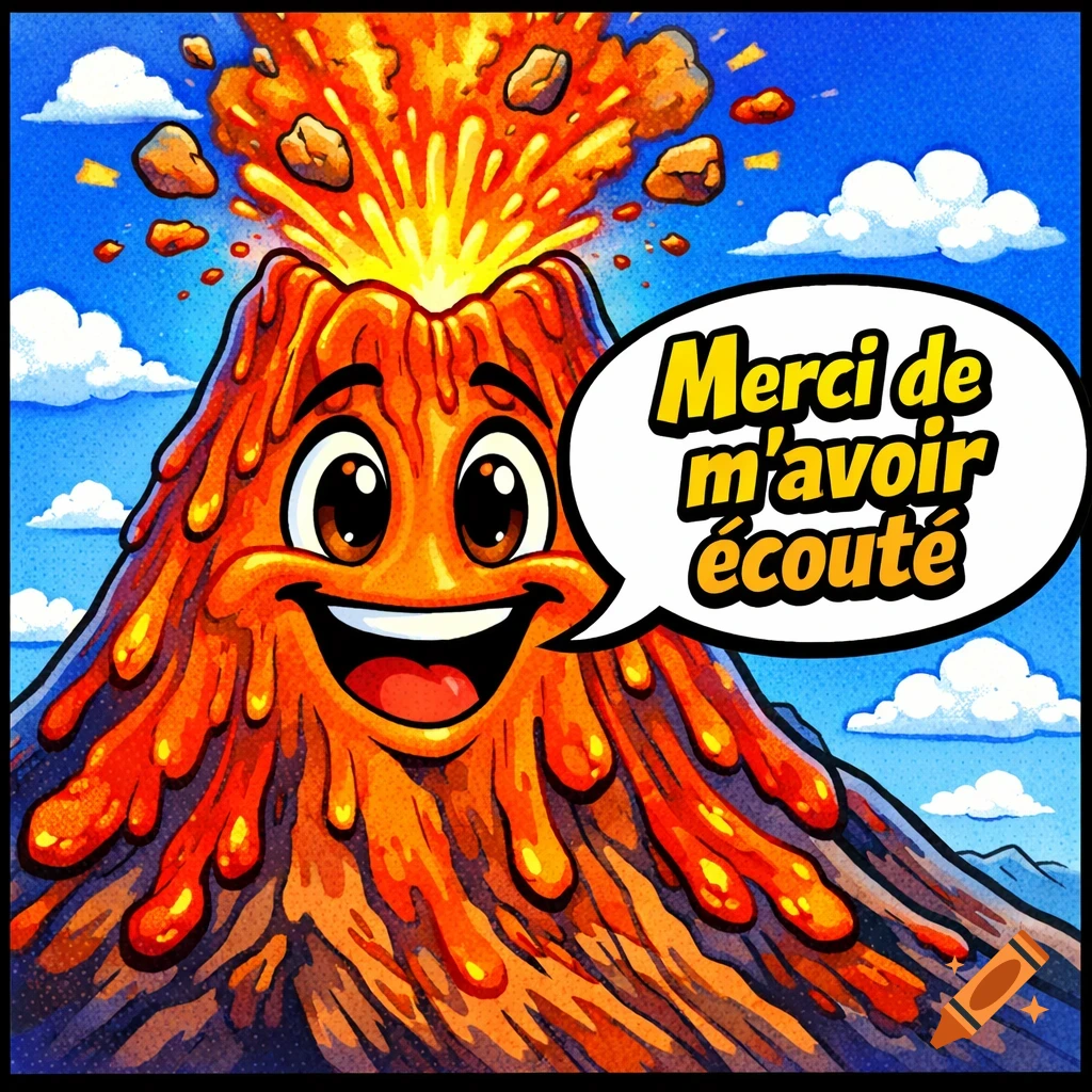 A friendly cartoon volcano erupting, with a smiling face and a speech bubble saying "Merci de m'avoir écouté".