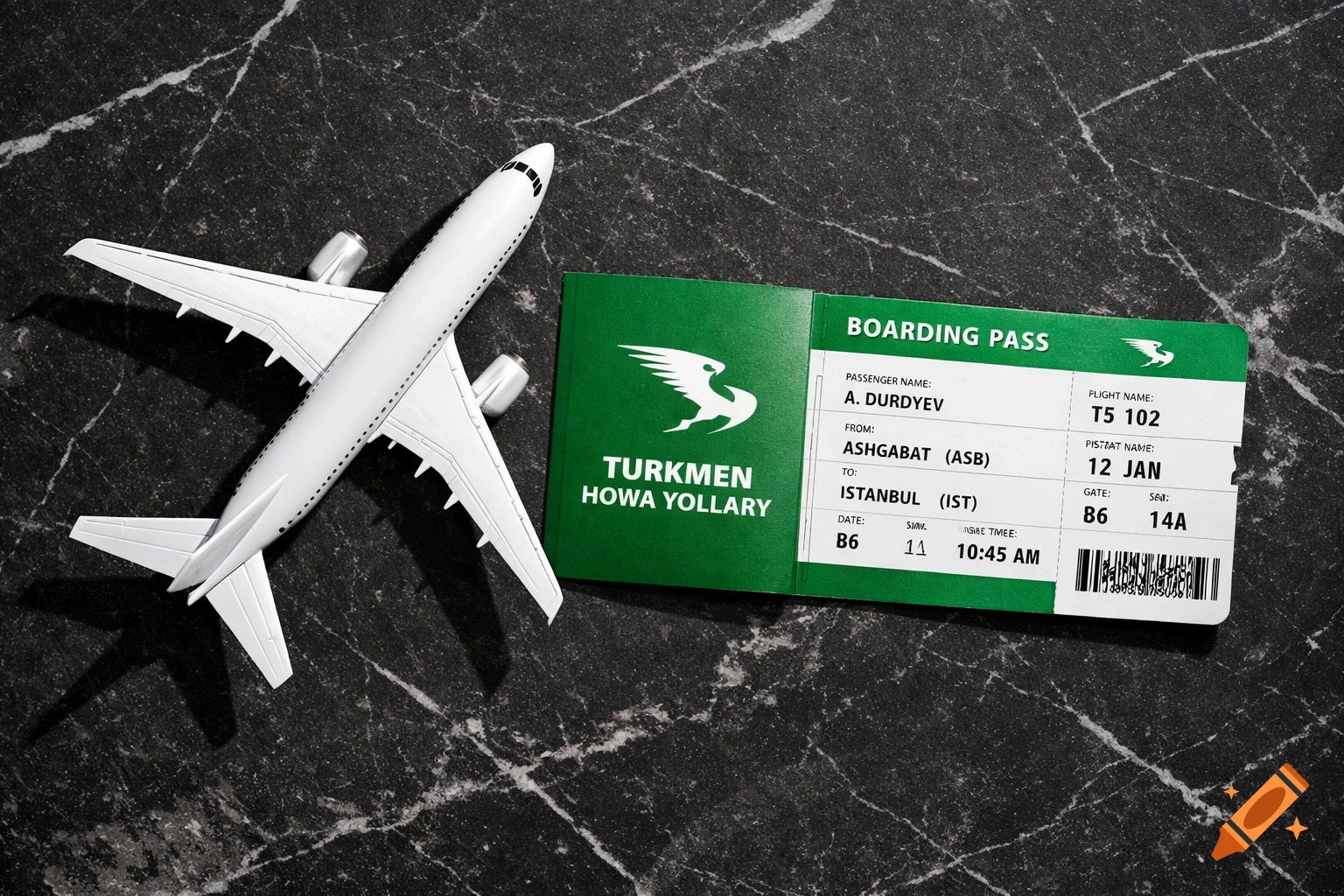 A white model airplane and a green boarding pass for Turkmen Hova Yollari airline on a dark marble surface.