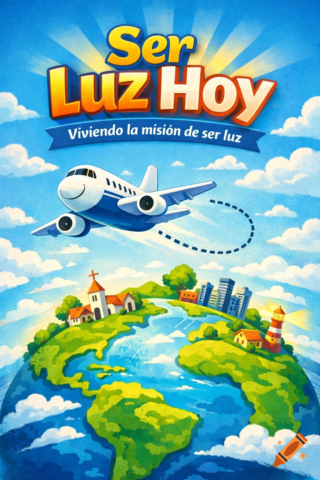Vibrant cartoon illustration of a smiling airplane flying over a stylized Earth with a church, city, and lighthouse. Text reads 'Ser Luz Hoy'.