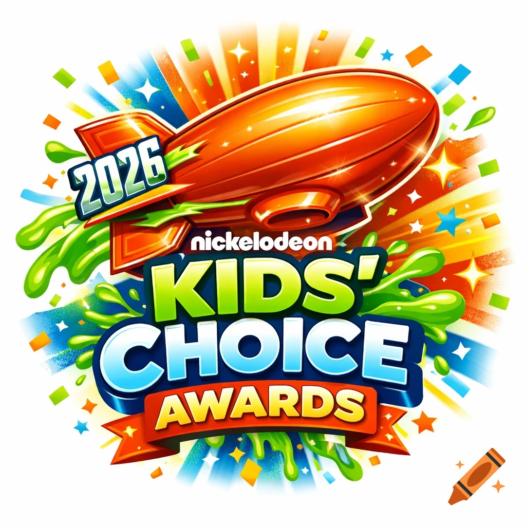 Colorful logo for the Nickelodeon Kids' Choice Awards 2026, featuring an orange blimp, green slime, and confetti.