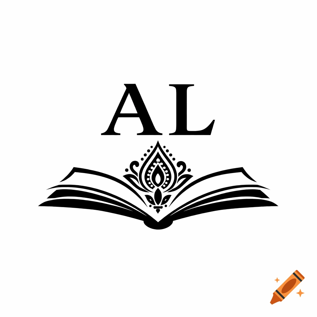 Black and white logo with letters AL above an open book featuring a decorative, floral Indian motif.
