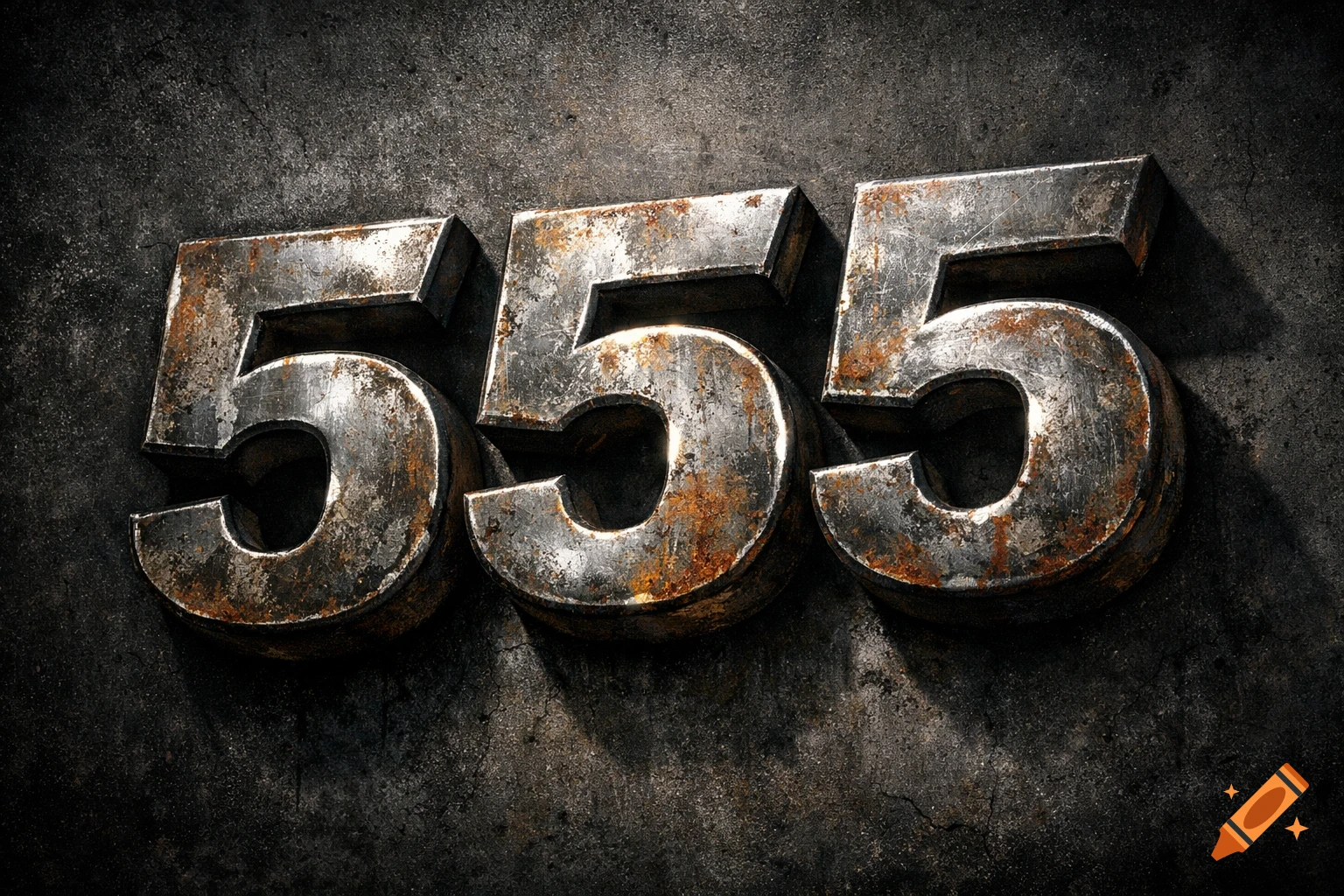 Three rusty, metallic numbers '555' cast dark shadows against a textured, dark gray concrete wall.