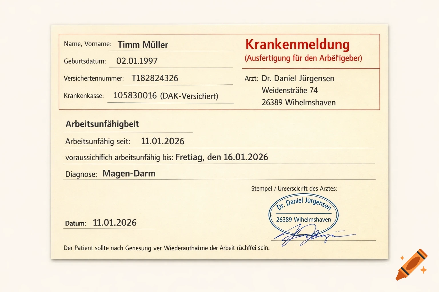 A German medical certificate (Krankenmeldung) for Timm Müller, indicating sick leave from 11.01.2026 to 16.01.2026 due to stomach flu, with doctor's stamp and signature.