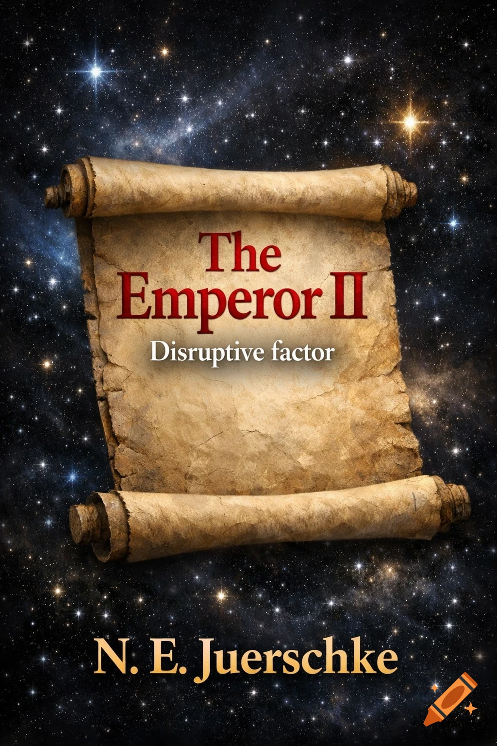 Realistic book cover featuring a parchment scroll with the title 'The Emperor II, Disruptive factor' against a starry outer space background.