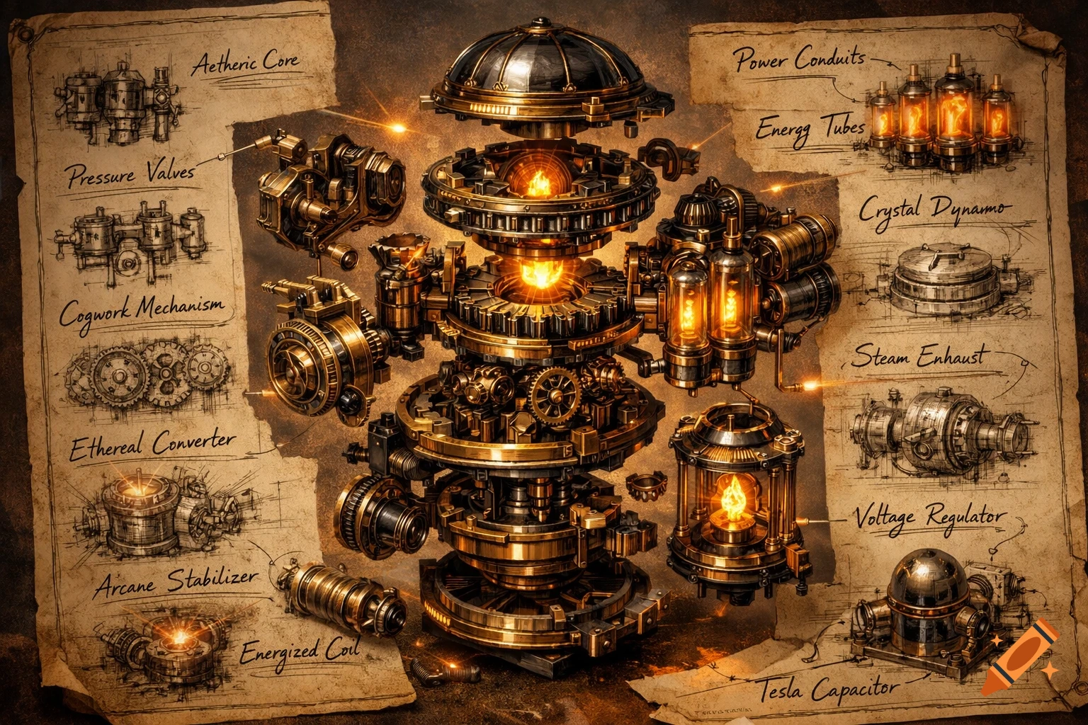 Highly detailed exploded diagram of a glowing steampunk machine with labeled parts on aged parchment.