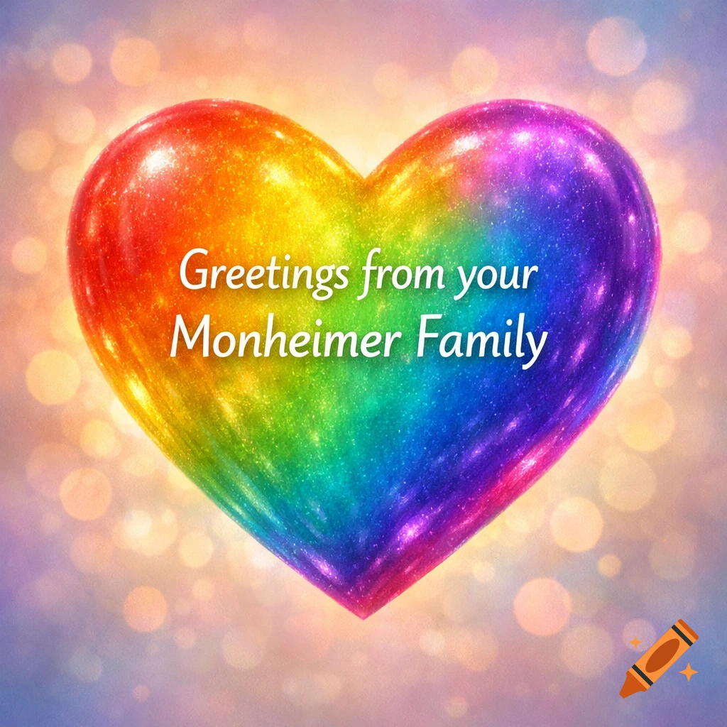A sparkling rainbow-colored heart with the text 'Greetings from your Monheimer Family' on it, set against a bokeh background.