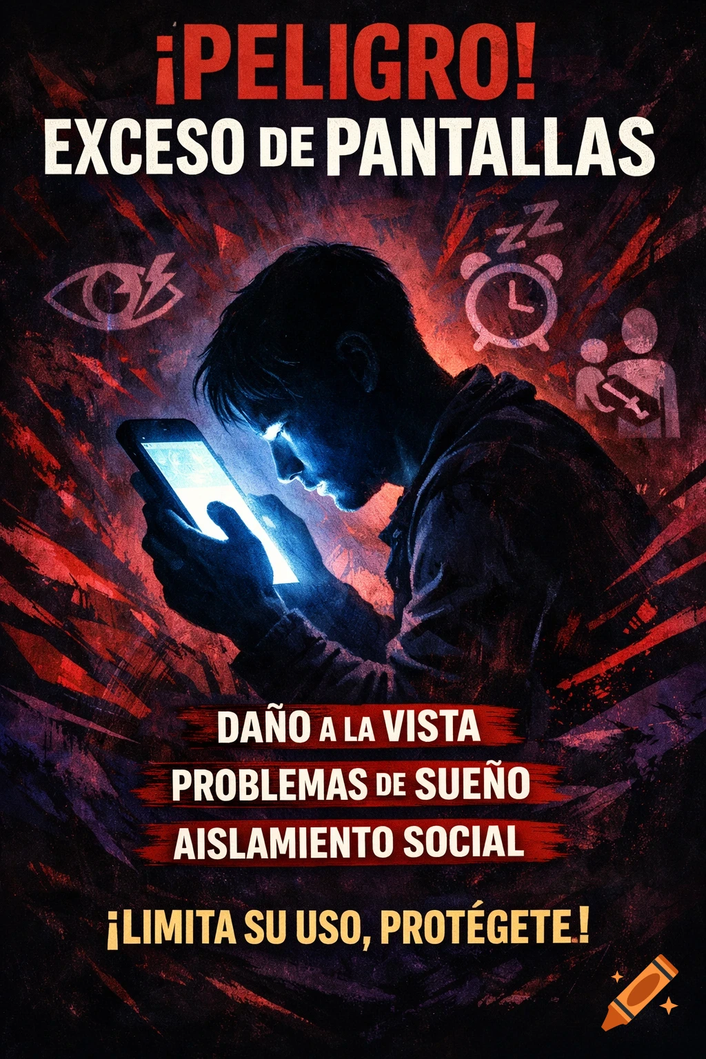 A poster warning about the dangers of excessive screen time, showing a person staring at a glowing phone with text listing risks like eye damage and social isolation.