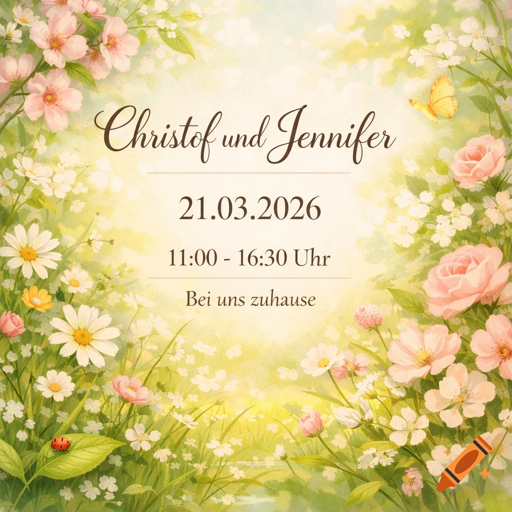 A soft watercolor spring invitation with pink and white flowers, featuring the names Christof and Jennifer, a date of March 21, 2026, and a time of 11:00 - 16:30 Uhr.