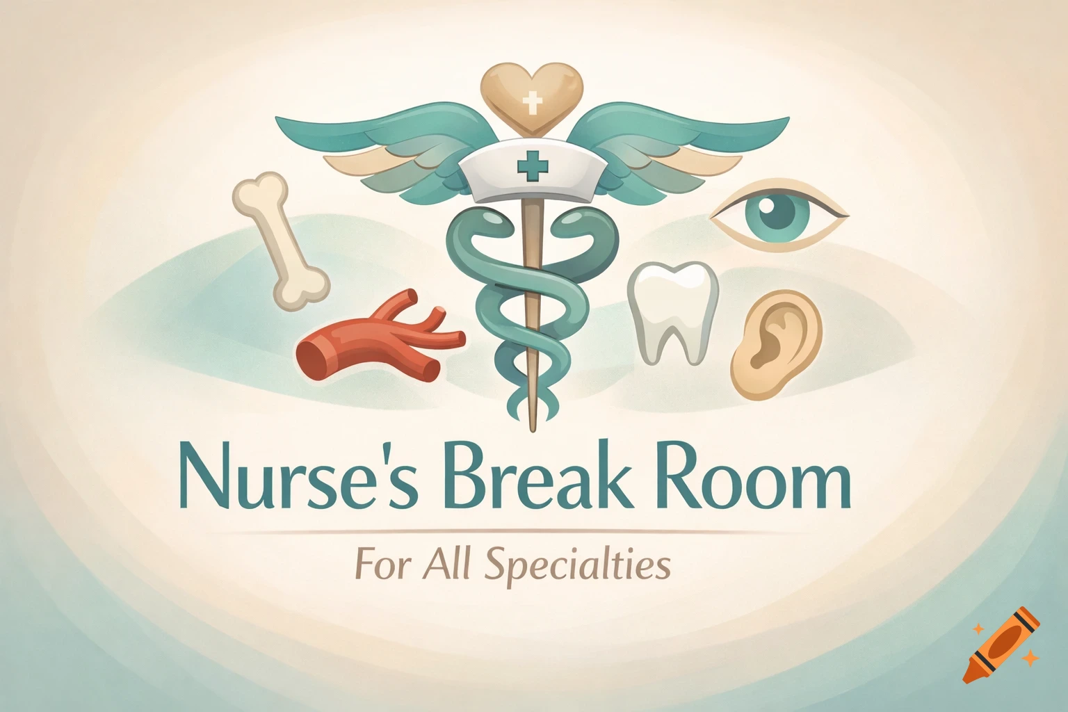 Stylized logo for "Nurse's Break Room" featuring a Caduceus, nurse's cap, and various anatomical symbols.