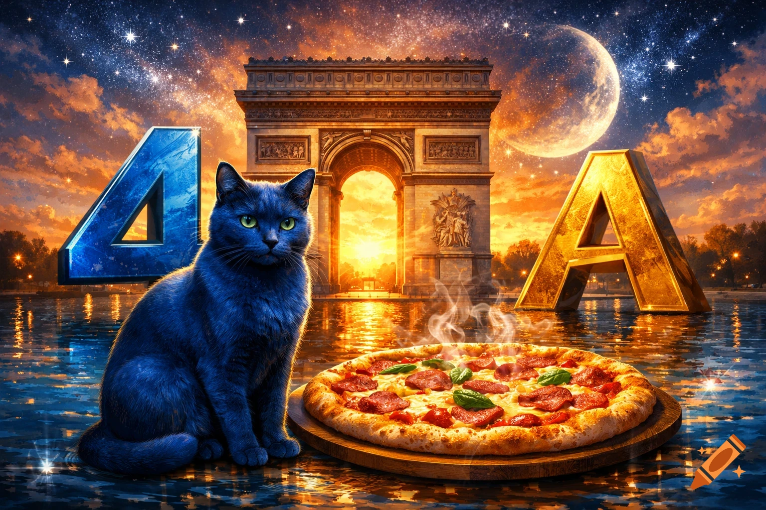 A blue cat with green eyes sits on water next to a steaming pizza, with the Arc de Triomphe, a blue '4', a golden 'A', and a starry, sunset sky.