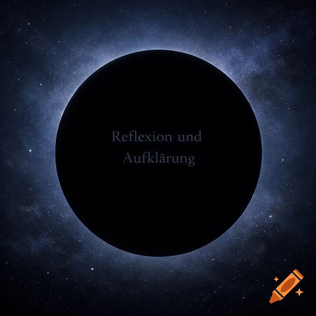 A black circle with 'Reflexion und Aufklärung' text, resembling a planetary eclipse against a starry blue space background.