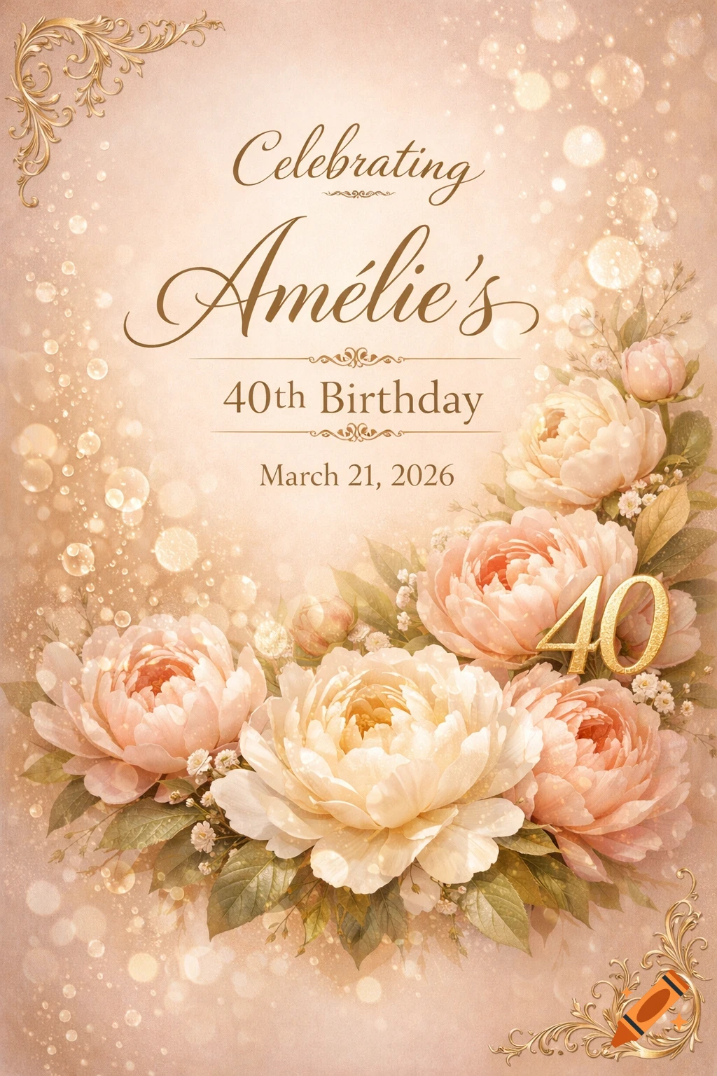 Ornate peach and gold 40th birthday invitation with text for Am ourl{e}lie's celebration on March 21, 2026, surrounded by peonies and bokeh lights.