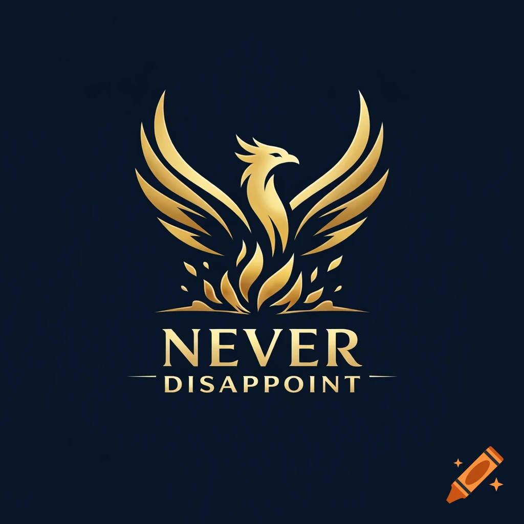 Golden phoenix logo with spread wings and flame-like feathers, above the text 'NEVER DISAPPOINT' on a dark blue background.