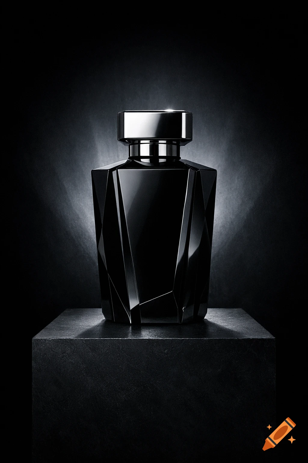 A sleek black faceted perfume bottle with a silver cap sits on a dark pedestal against a dramatic, spotlighted black background.