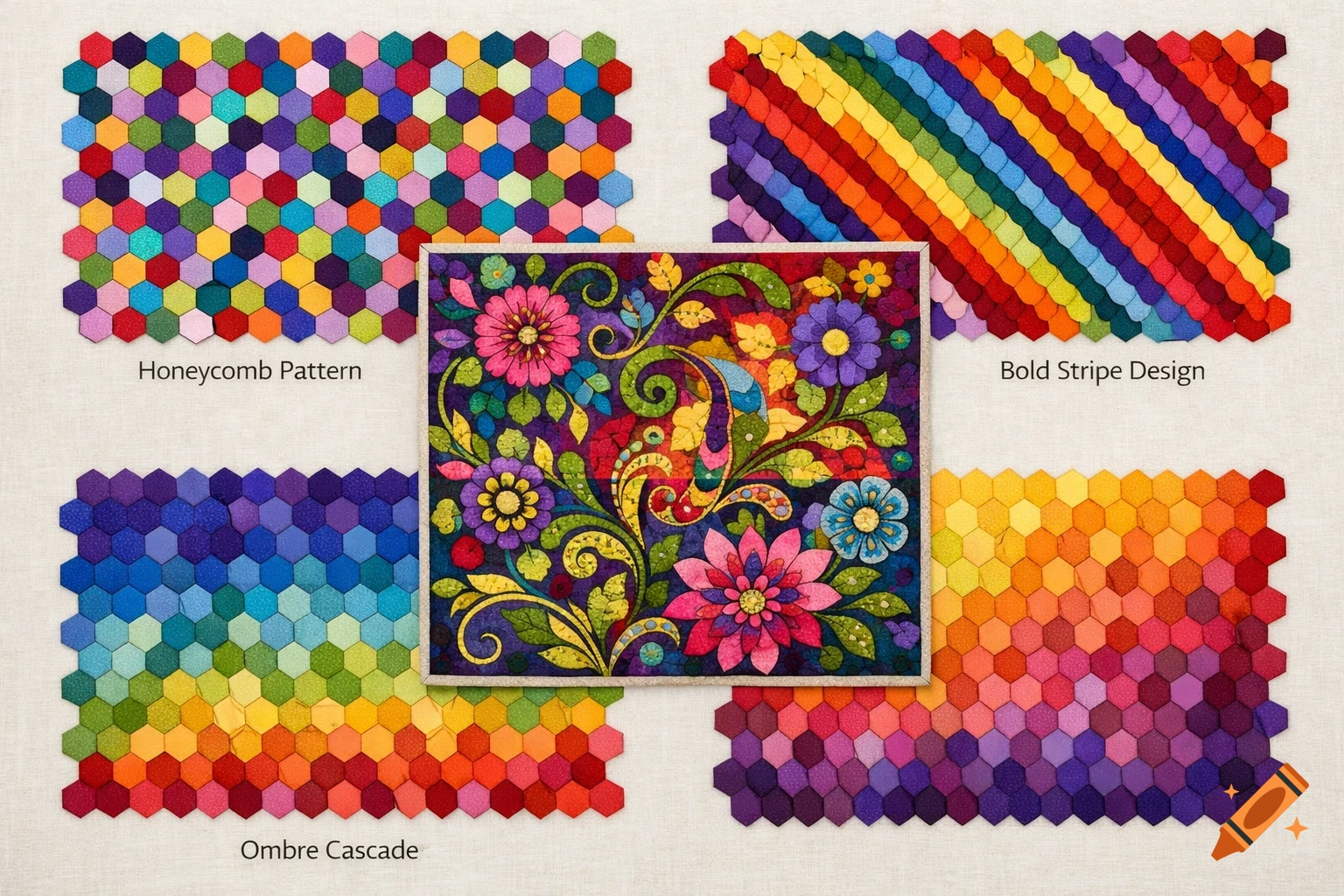 Five vibrant quilt patterns: a central floral appliqué, honeycomb, rainbow stripe, and ombre hexagonal designs on fabric.
