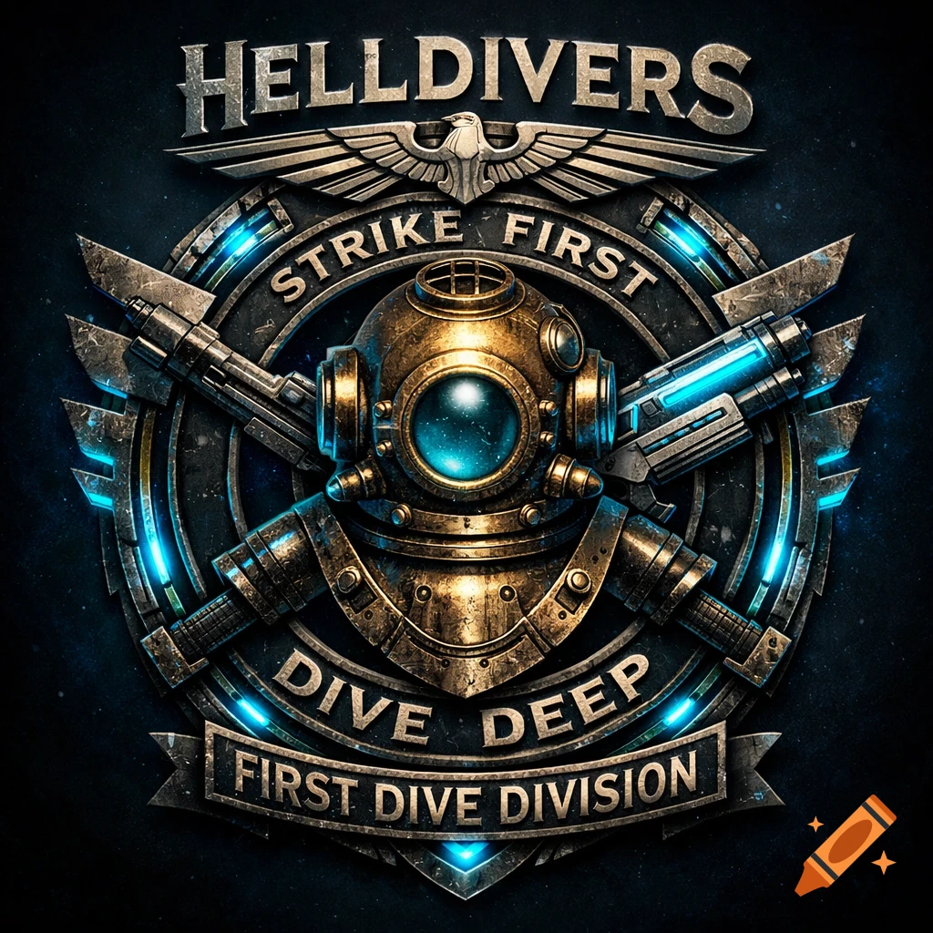 A detailed metallic emblem features a golden diving helmet, flanked by weapons with blue glow, and text 'HELLDIVERS', 'STRIKE FIRST', 'DIVE DEEP', 'FIRST DIVE DIVISION'.