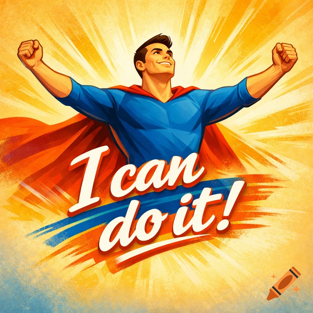 A male superhero in a blue suit and red cape with arms raised triumphantly against a radiant yellow background, text says 'I can do it!' in a retro comic style.