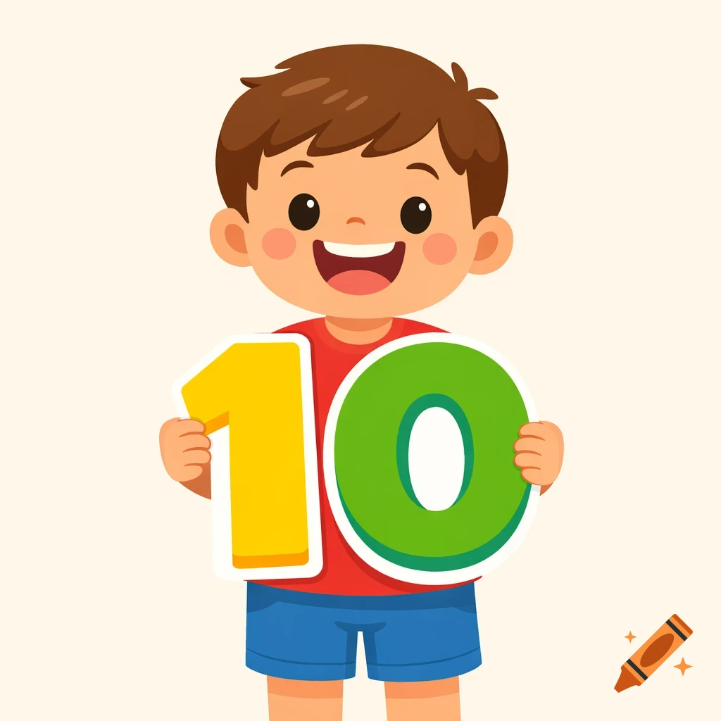 Cheerful cartoon boy with brown hair smiles, holding a large yellow '1' and green '0' to form the number ten.