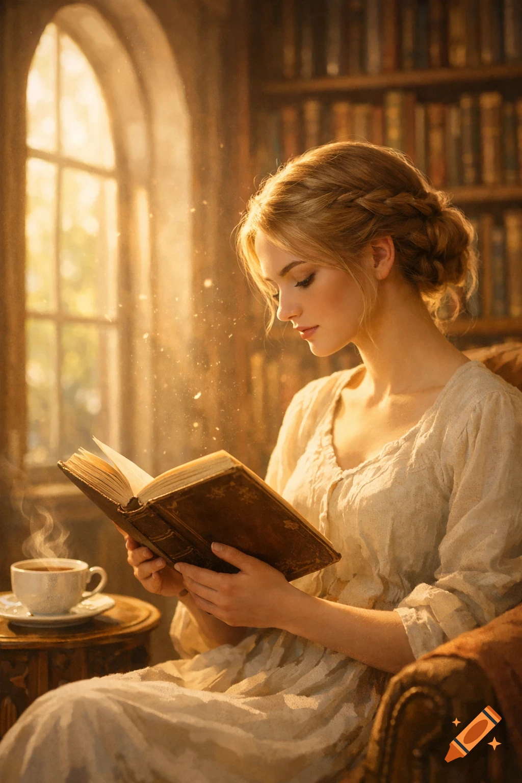 A young woman with blonde hair reads an old book in a sunlit library, next to a steaming cup.