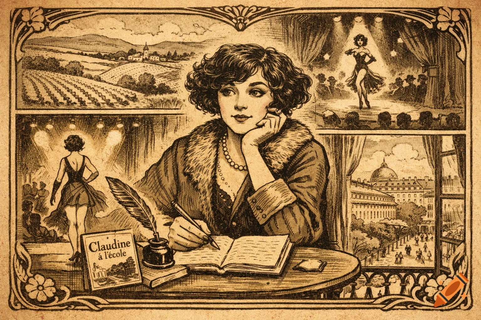 Vintage illustration of a woman writing at a desk, surrounded by panels depicting a vineyard, a stage dancer, and a city.