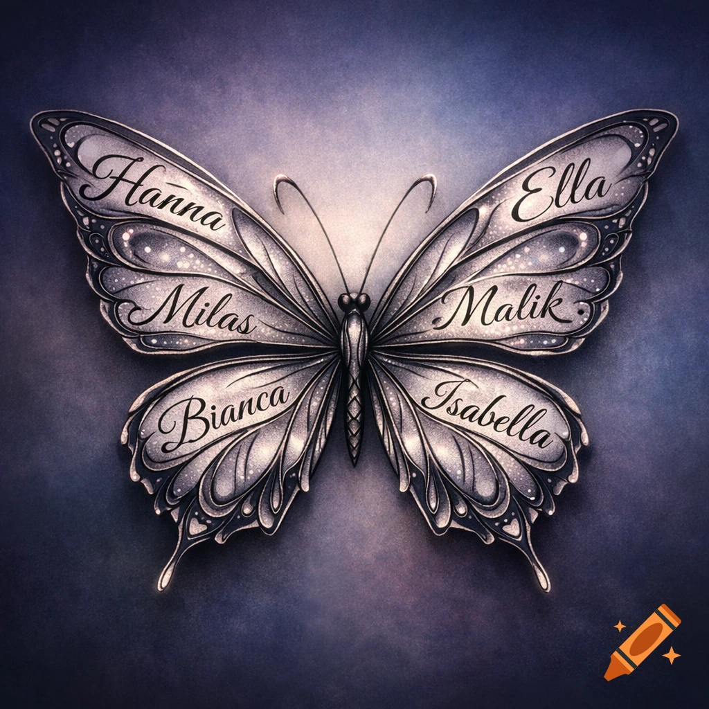 A decorative silver butterfly with six names inscribed on its wings: Hanna, Milas, Bianca, Ella, Malik, and Isabella, against a dark purple background.