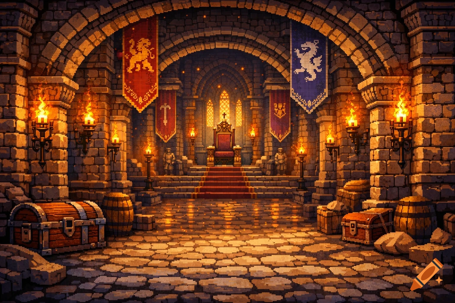 Pixel art medieval castle throne room with a red carpet, torches, and banners.
