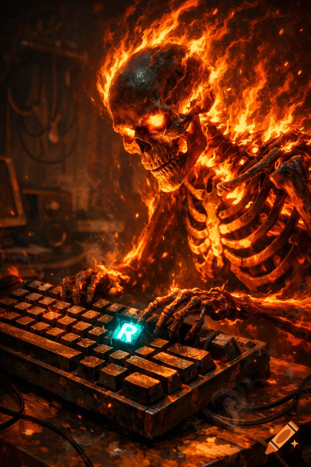 A flaming skeleton with glowing eyes types intensely on a keyboard with a glowing blue 'R' key in a dark, fiery setting.