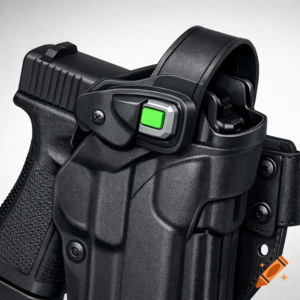 Close-up, photorealistic product shot of a black handgun secured in a black police holster with a prominent green retention button.