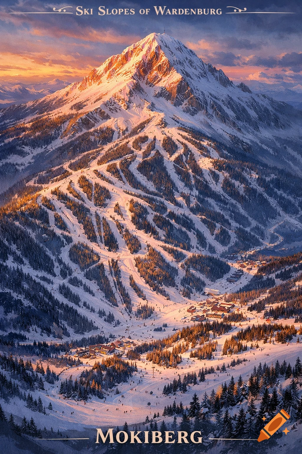 A stylized poster showing a vast snowy mountain range with numerous ski slopes and a small village nestled in the valley, bathed in the warm glow of sunset. Text reads "Ski Slopes of Wardenburg" at the top and "MOKIBERG" at the bottom.