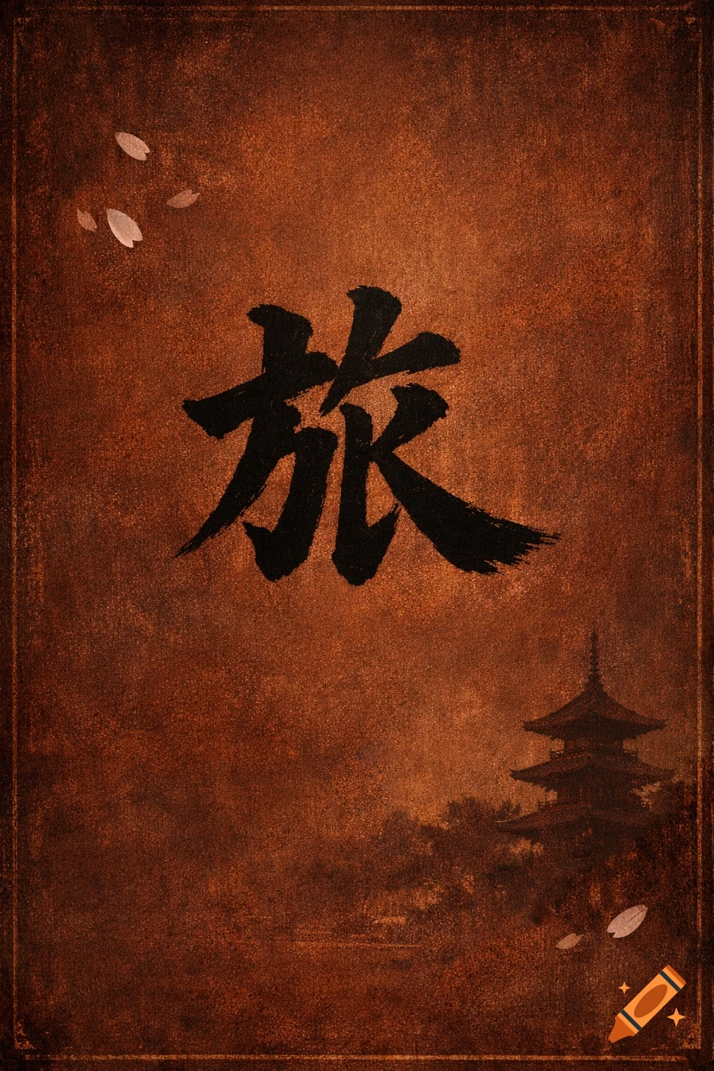 Japanese calligraphy 'travel' character on a rustic brown background with a pagoda and scattered cherry blossoms.