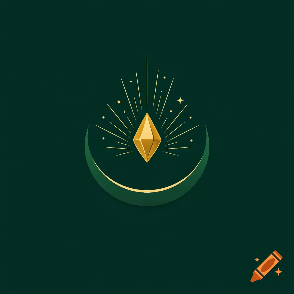 A minimalist spiritual logo with a golden jewel radiating light above a dark green crescent moon on a dark green background.