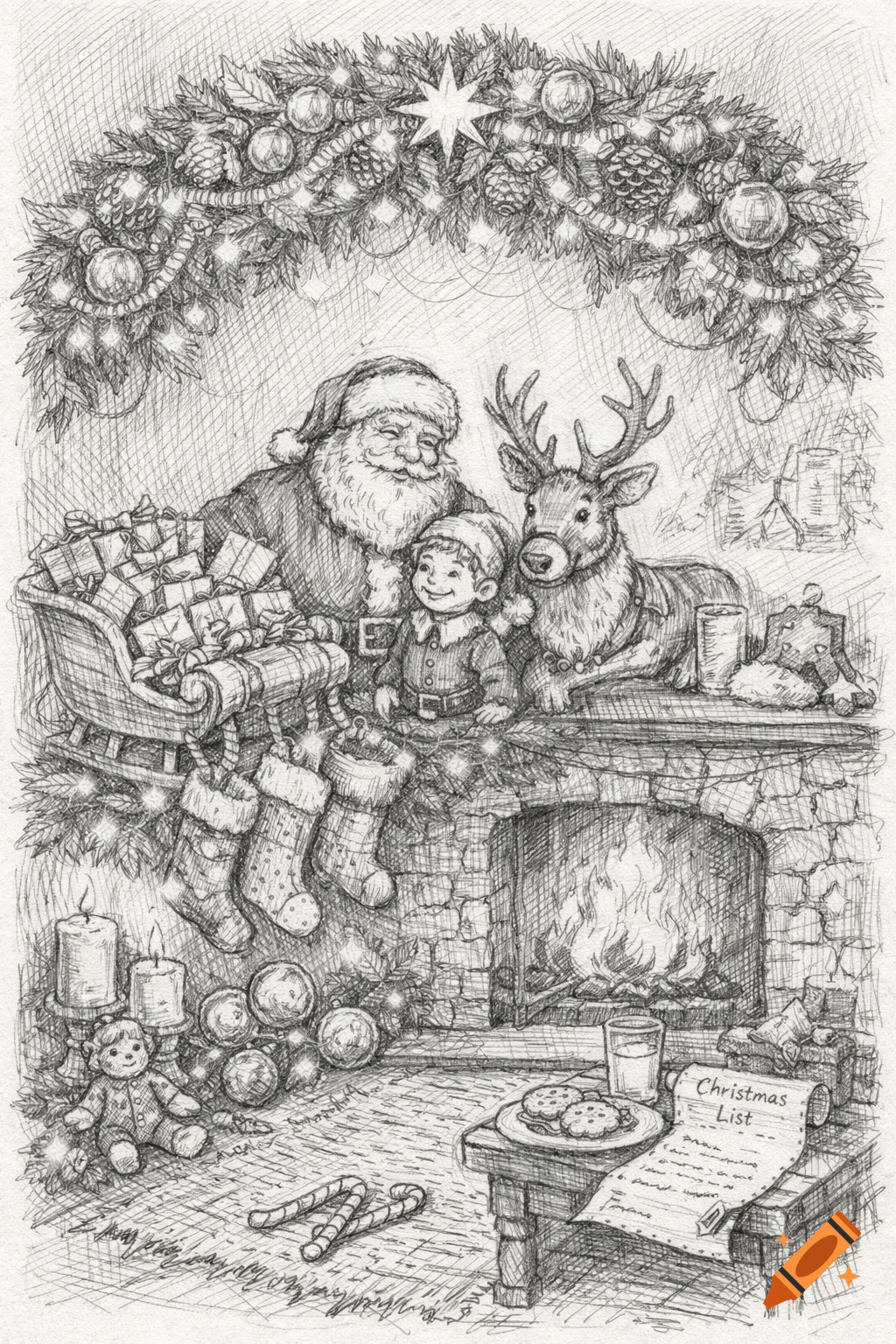 Pencil drawing of Santa, a child, and a reindeer with gifts by a fireplace, surrounded by Christmas decorations.