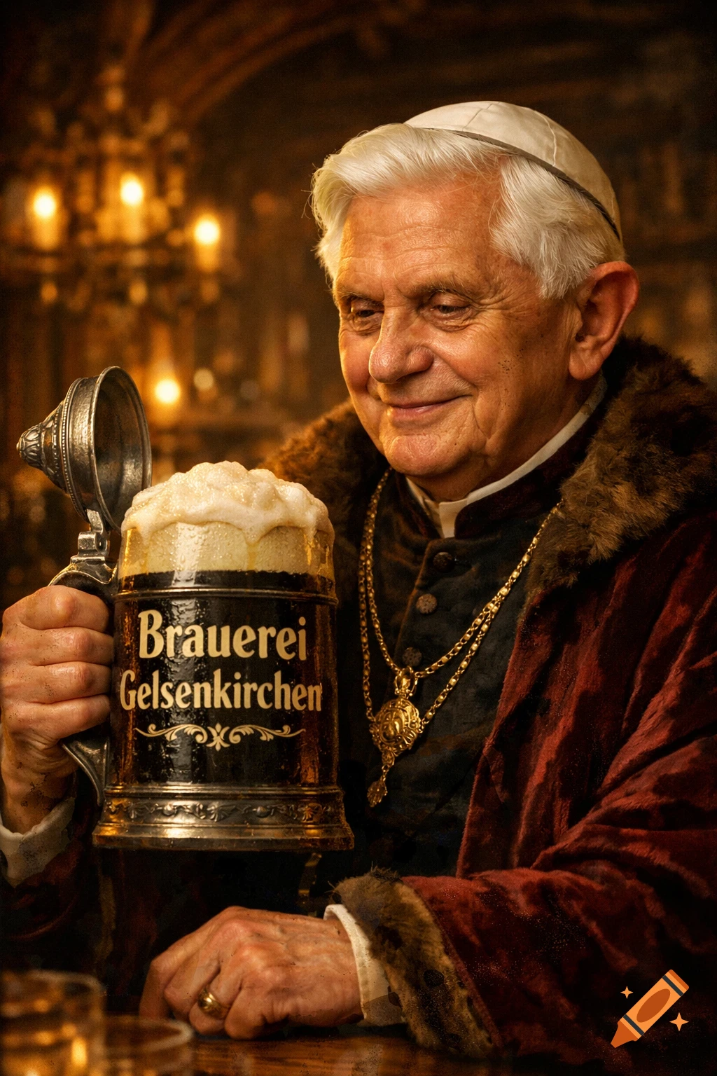 A smiling elderly man, resembling Pope Benedict XVI, holds a large beer stein with "Brauerei Gelsenkirchen" on it, in a dimly lit, old-world setting.
