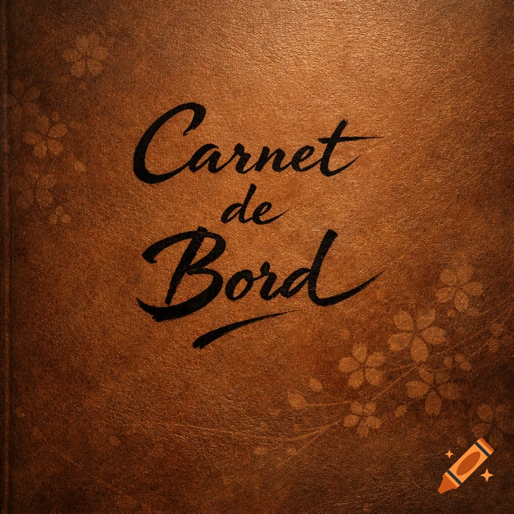 A close-up of a brown textured book cover with the words 'Carnet de Bord' in elegant black script, featuring subtle floral patterns.