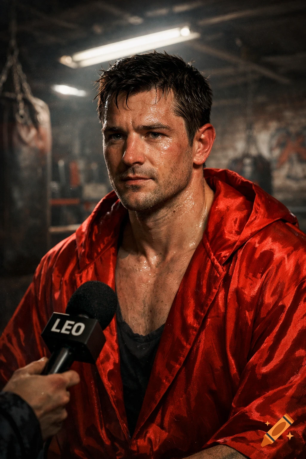 A sweaty male boxer in a red robe is interviewed in a dimly lit gym, a microphone with 'LEO' visible.