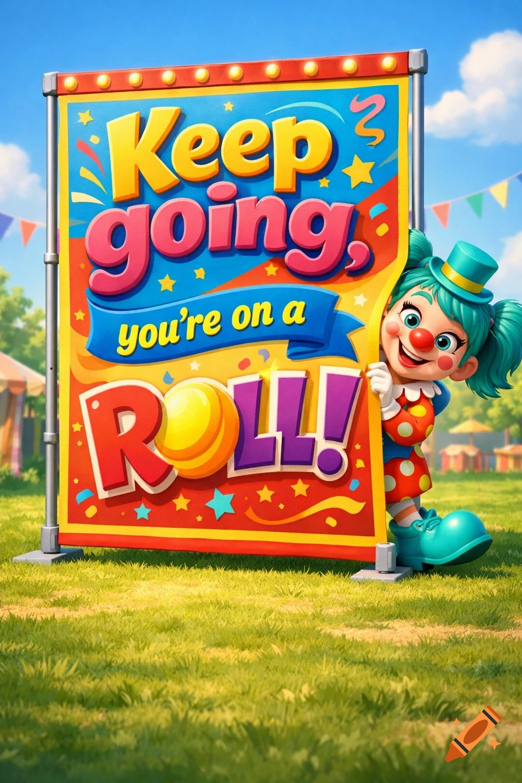 A cute female clown with teal pigtails and shoes peeks from behind a large, colorful banner that reads "Keep going, you're on a ROLL!" in 3D Pixar art style.