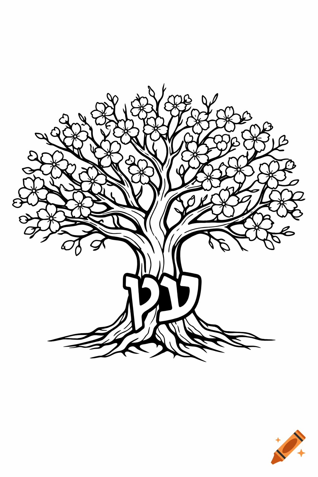 Black and white coloring page of a blossoming almond tree with the Hebrew word '""}עץ""' on its trunk.