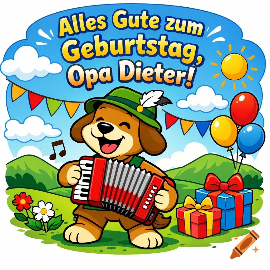 A cheerful cartoon dog in a green hat plays an accordion, with gifts, balloons, and a 'Happy Birthday, Grandpa Dieter!' banner, in a bright clipart style.
